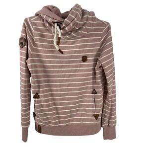 Naketano Hoodie Womens Large Pink White Stripe Cowl Neck Rope Drawcord Pullover